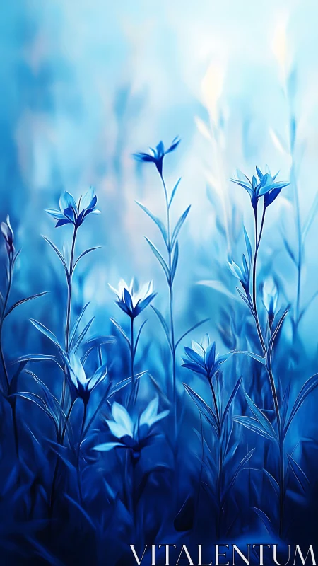 Blue Flowers Field in Soft Focus Mist
