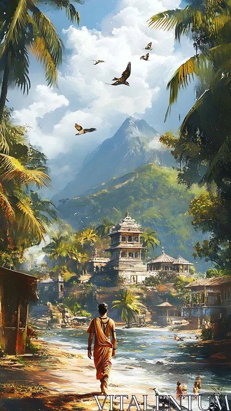 Monk walks toward riverside temple beneath tropical peak.