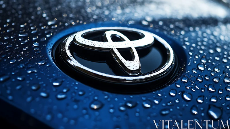 Macro detail of chromed car emblem on wet metallic blue surface