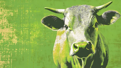 Graphic cow portrait over distressed lime green field.