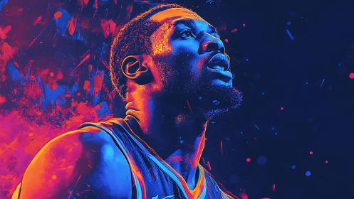 Neon court legend rising through electric cosmic color storm.