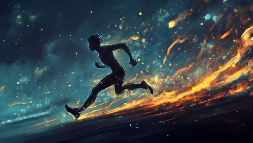 Silhouette runner sprints through glowing streaked night