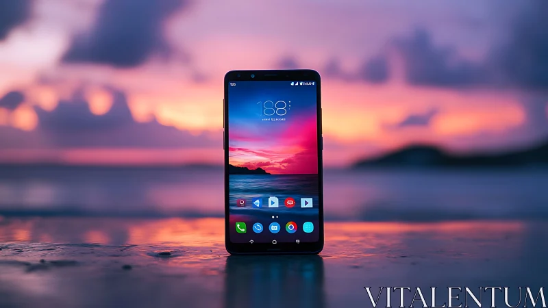 Android smartphone positioned on beach at sunset.