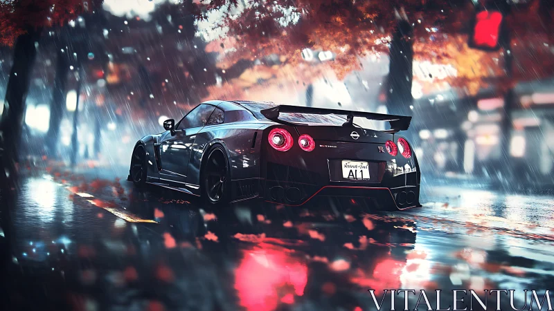 Sports coupe on wet city street under autumn rainstorm.