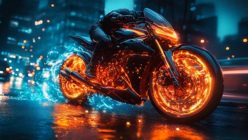 Cyberpunk superbike with molten plasma wheels in neon rain