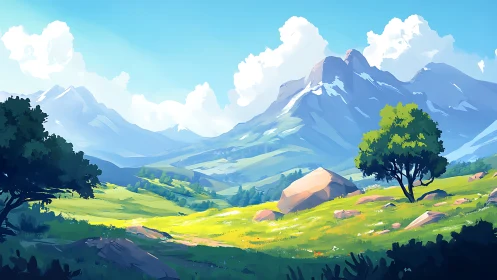 Sunlit alpine valley under bold blue summer sky.