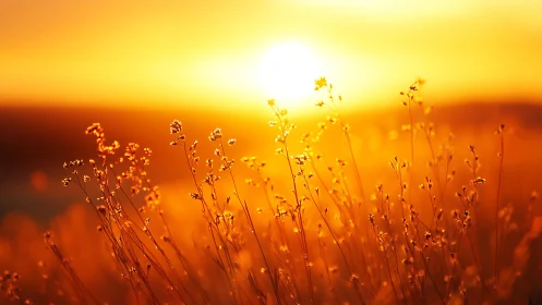 Golden wildflowers glow beneath a radiant summer sunset.