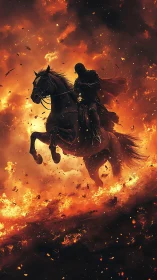 Fierce armored rider charges through roaring waves of fire