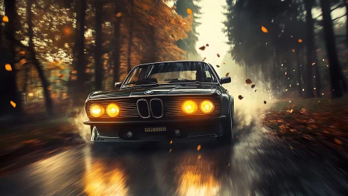 Classic BMW speeding through wet autumn forest road.