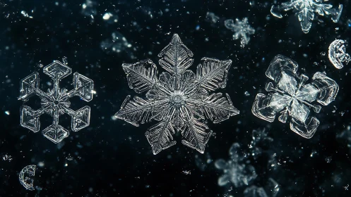 Isolated snowflake macro study on dark unfocused background.
