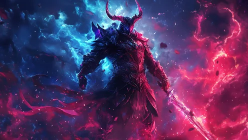 Celestial warlord strides through split nebula of fire and frost.