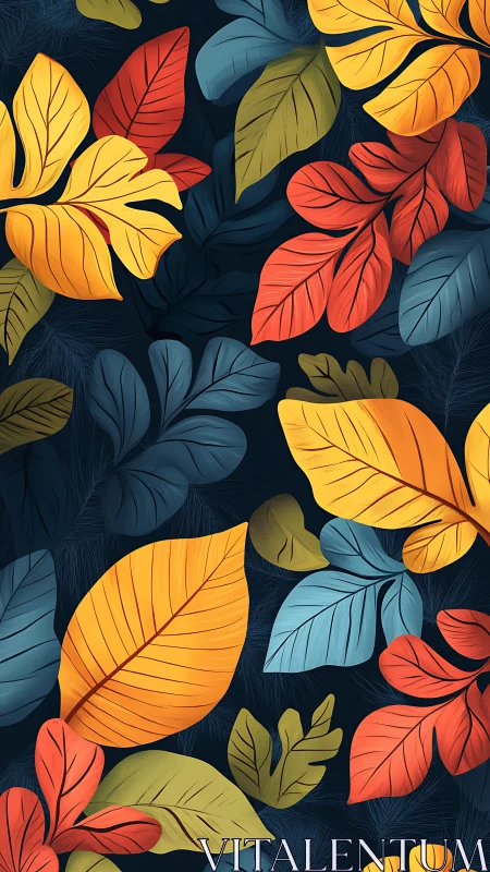 Multicolored stylized leaves on dark background pattern.