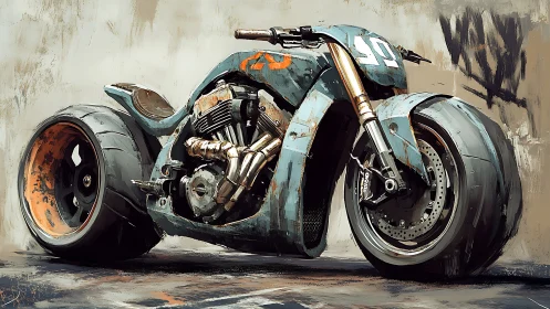 Rust-scarred cyber street bike growling in painterly grit.