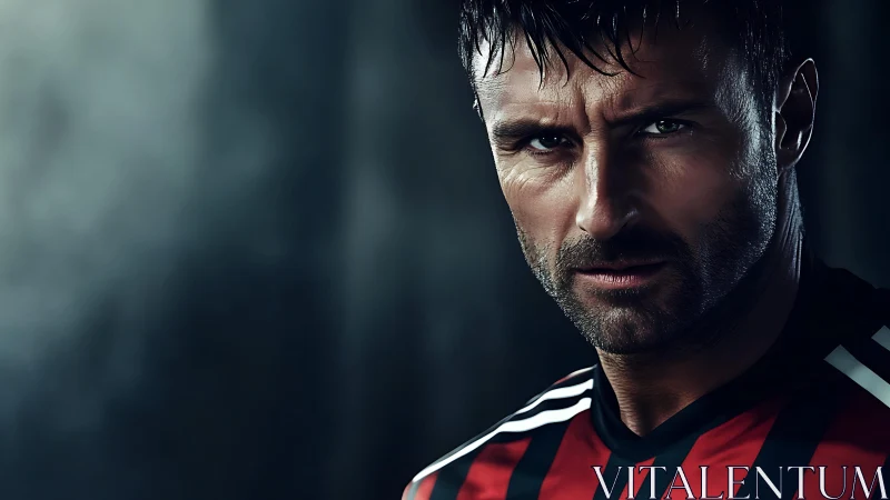 Intense soccer player stares ahead in dramatic low-key portrait.