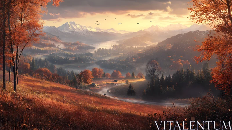 Sunlit autumn valley unfolds below distant snowcapped mountains