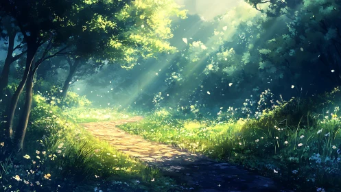 Enchanted forest path bathed in ethereal golden sunlight.