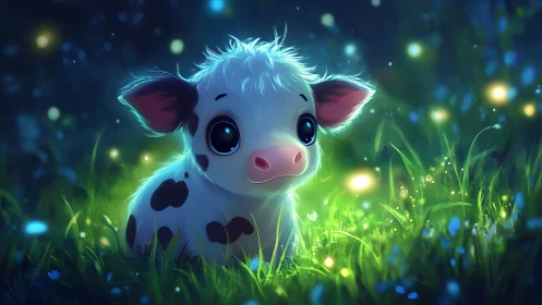 Moonlit baby cow among glowing meadow firefly lanterns.