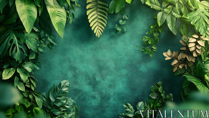 Green textured wall framed by dense tropical foliage.