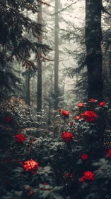 Red Flowers Bloom Among Towering Evergreen Forest Trees