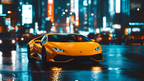Yellow supercar glides through neon-soaked futuristic city streets.