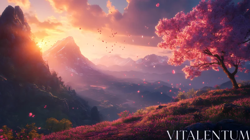 Sunset valley with pink blossom tree and mountain peaks.