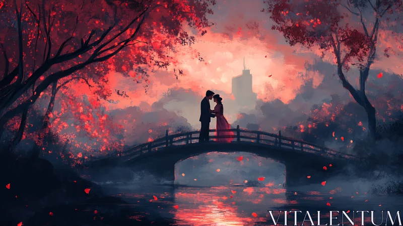 Lovers' Bridge Beneath Crimson Blossoms.