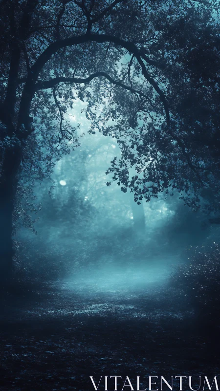 Enchanted Forest Pathway Through Misty Blue Woodland