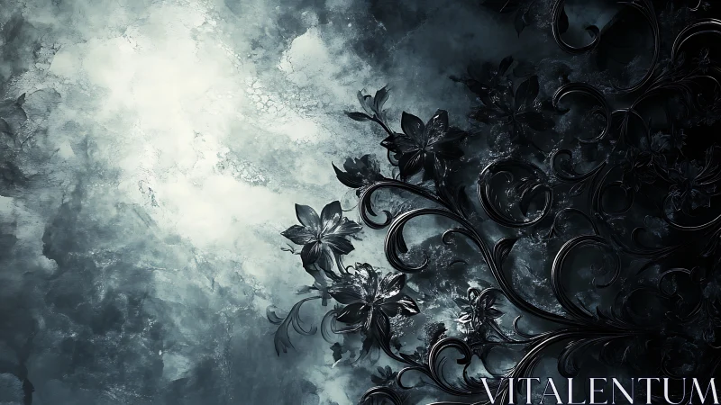 Dark floral scrollwork blooms against ethereal misty light.