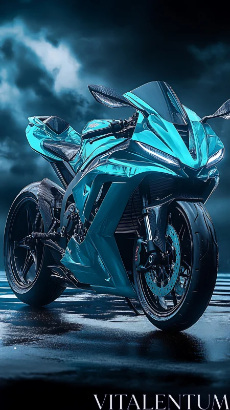 Futuristic teal superbike under stormy night sky.