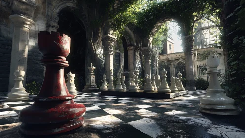 Weathered red chess rook dominates sunlit ruined cloister.