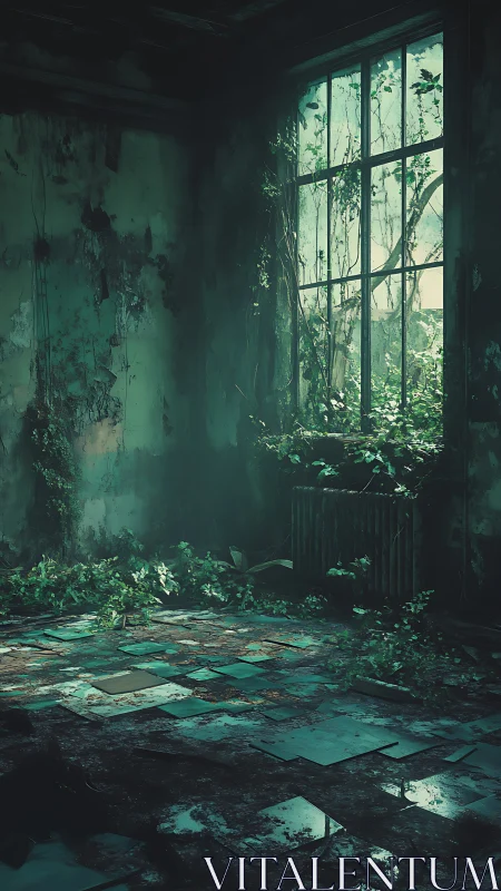 Overgrown abandoned room bathed in eerie emerald light.