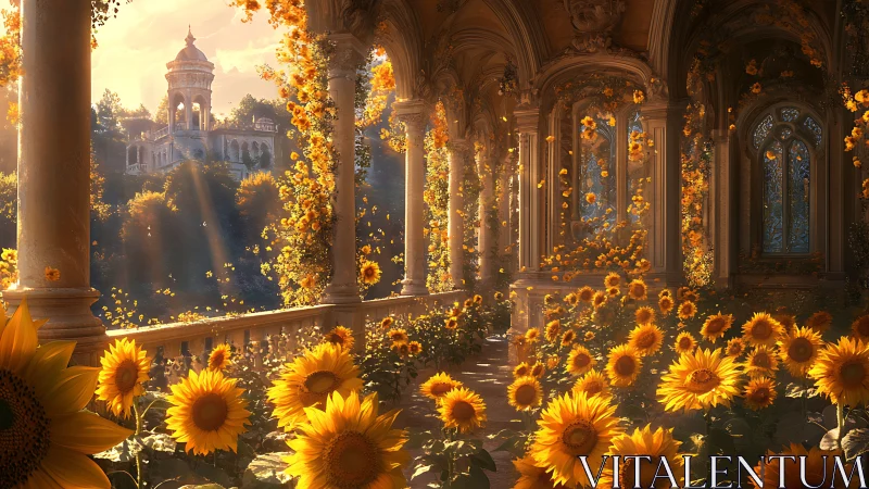 Sunlit stone gallery filled with sunflowers and distant tower.
