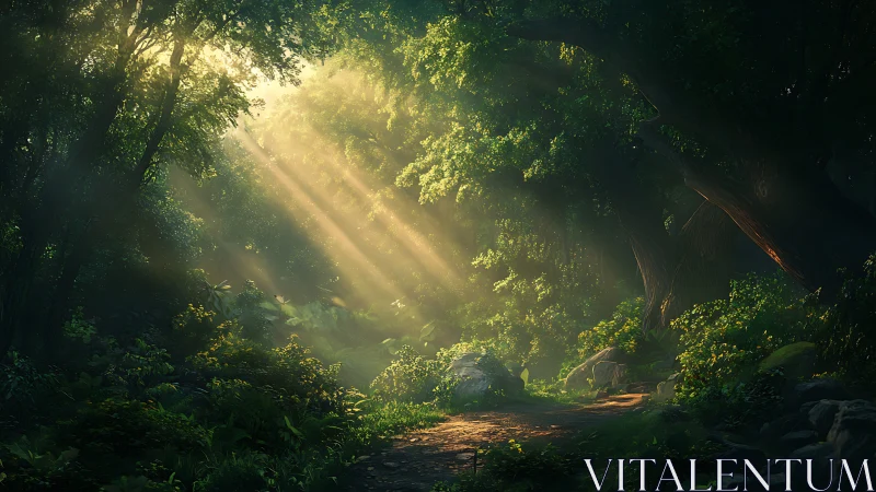 Sunlit Cathedral. Ethereal Forest Realm Drenched in Golden Sanctuary Light.
