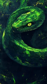 Coiled green snake with glowing yellow eye in darkness.