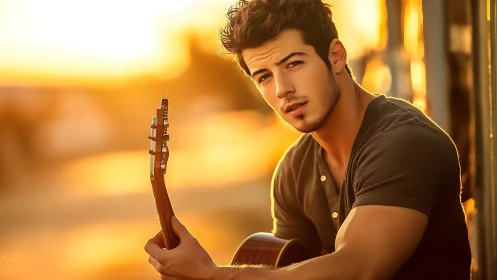 Sunlit guitarist portrait with warm golden hour bokeh.