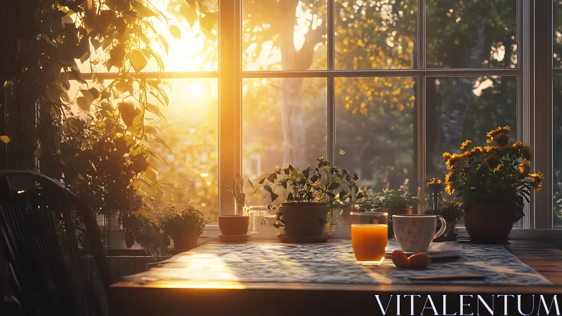 Sunlit breakfast nook glows through golden garden window.