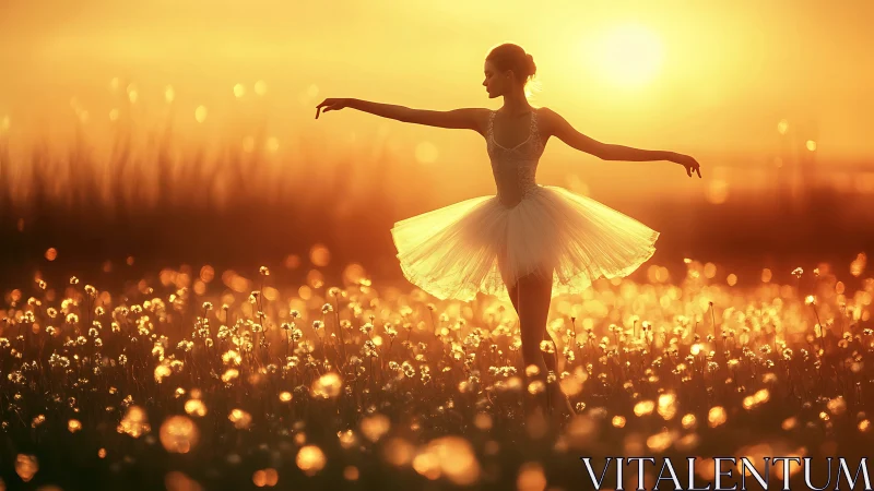 Ballerina dances in glowing golden sunset field of light.