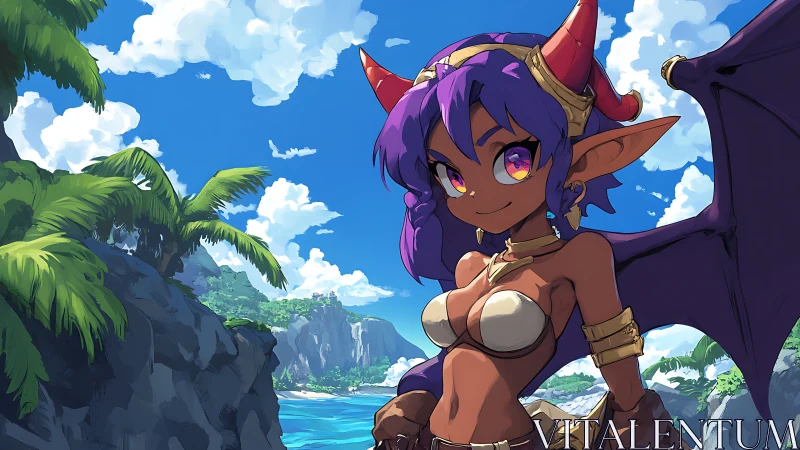 Sunlit demon girl smiles brightly over a tropical cove
