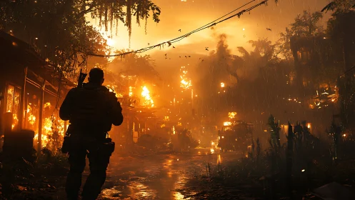 Silhouetted Figure in Apocalyptic Urban Firestorm with Pyroclastic Rainfall