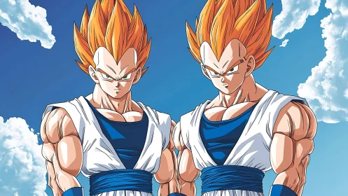 Twin warrior heroes stand strong under a bright blue sky