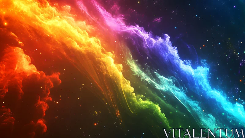 Multicolored nebula arc across deep space star field.