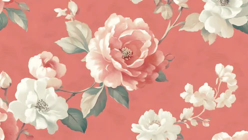 Floral illustration shows peony clusters on muted coral ground