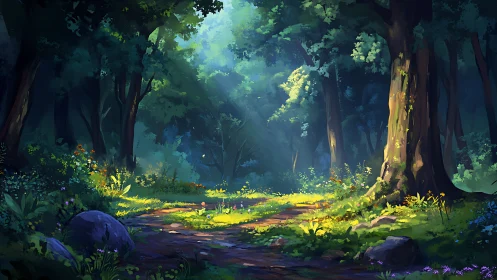 Dense Forest Interior with Directional Light and Vegetation.