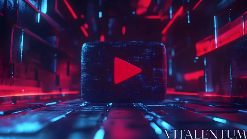 Futuristic YouTube Play Button in Neon Sci-Fi Digital Tunnel.