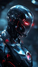 Humanoid combat robot in reflective black armor profile.