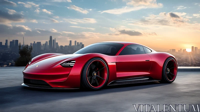 Sleek red electric supercar glows against a sunset skyline