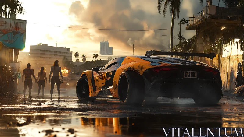 Widebody hypercar idles in wet urban alley under cinematic dusk