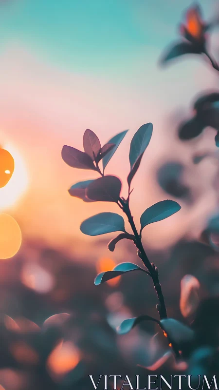 Leafy branch glows against teal and coral sunset sky.