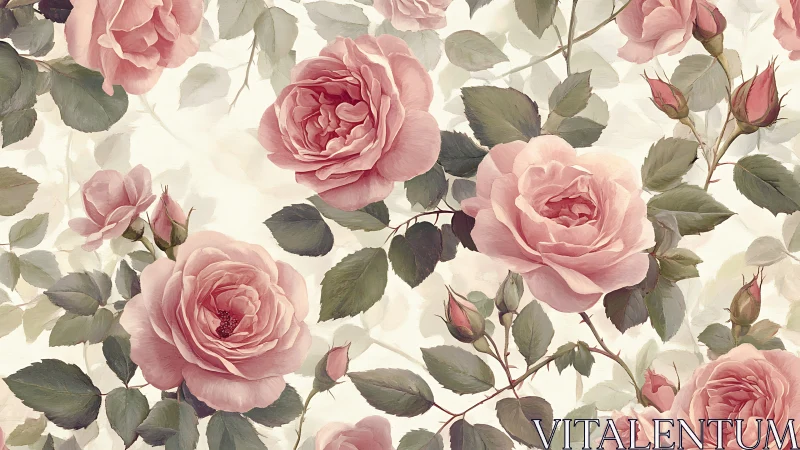 Pink Garden Roses and Foliage Pattern