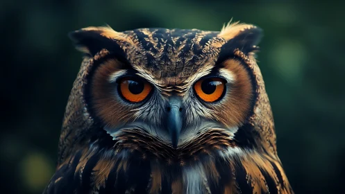 Intense Portrait of a Great Horned Owl in Photorealistic Style.